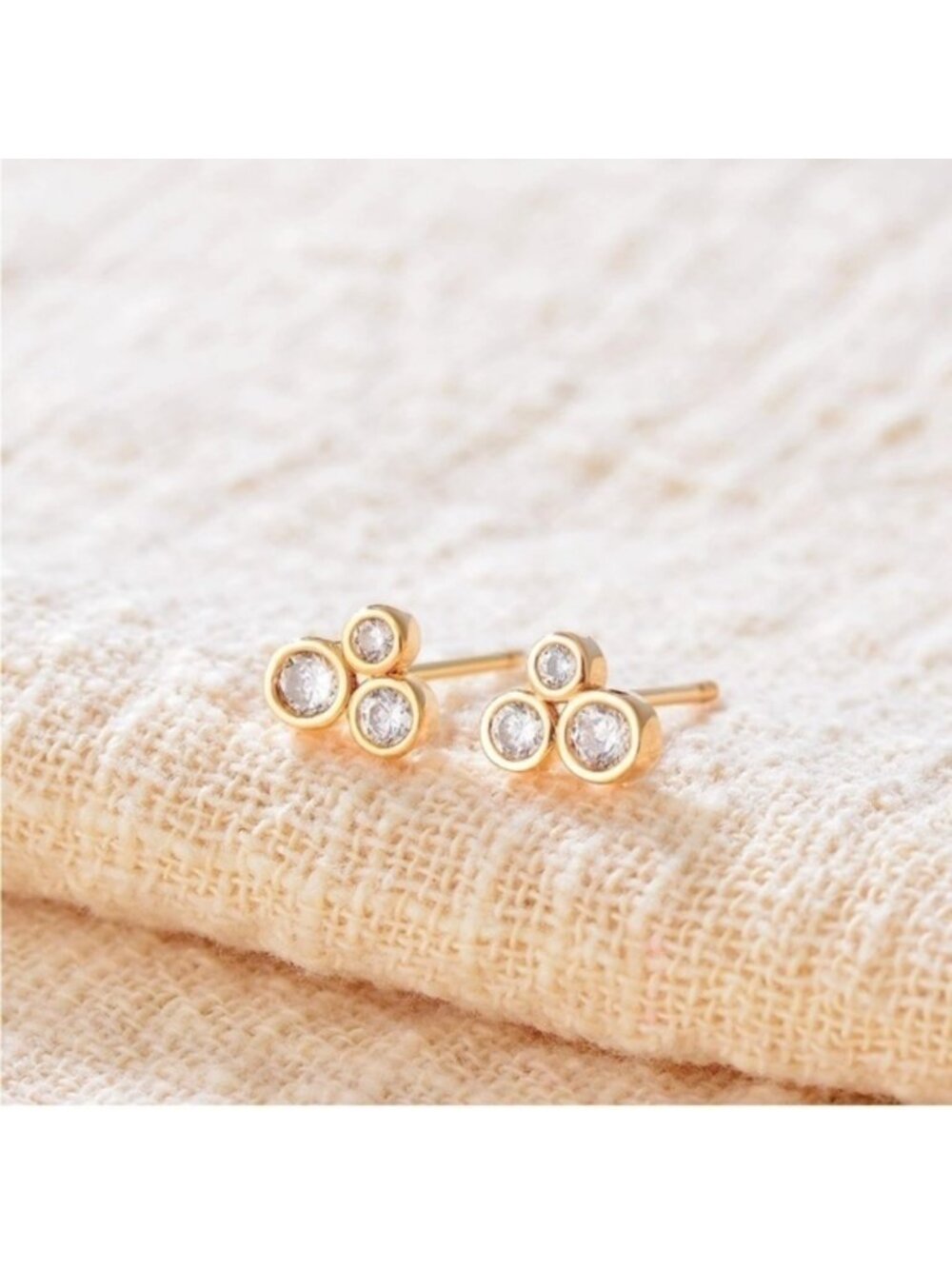 GOLD 14k Gold Plated Three Cubic Zirconia Stuff Earrings - Picture 2 of 3